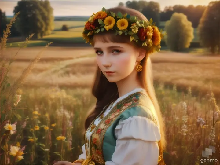 Русская девушка в поле с венком на голове