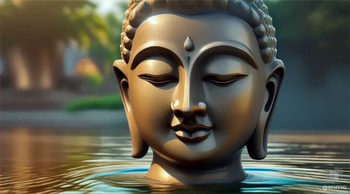 A buddha face made of liquid water, emerging from an ocean of water, the camera IS far and zooms to the scenery