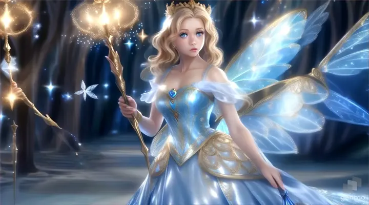 a fairy holding a  sparkling glowing wand and wearing a blue dress with sparkling wings