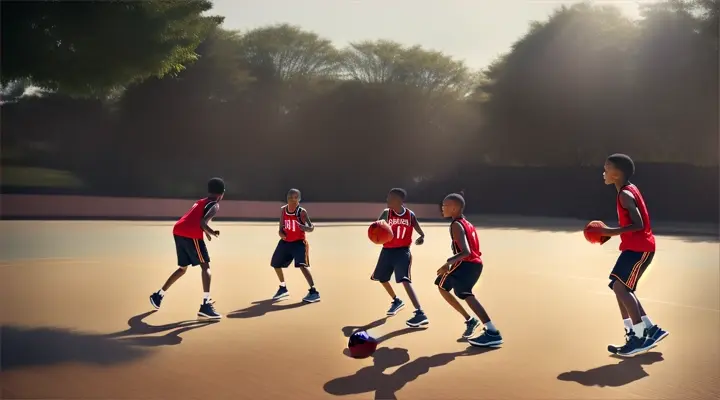 Piano sequenza di un gruppo di ragazzi che giocano a basket in un campo da gioco cittadino, con dribbling e schiacciate mozzafiato.