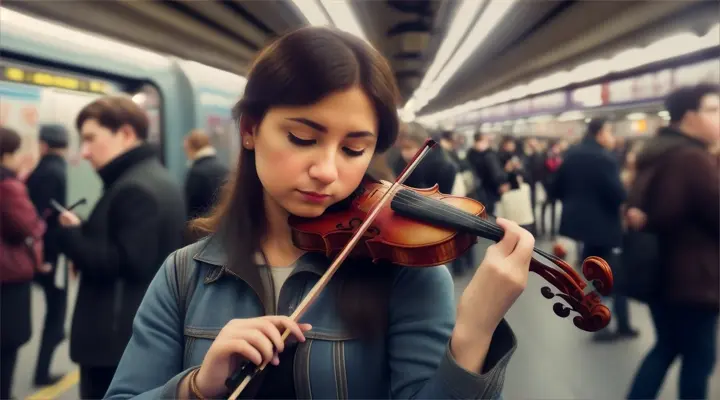 Inquadratura ravvicinata di un artista di strada che suona il violino in una stazione della metropolitana, con i passanti che si fermano ad ascoltare.