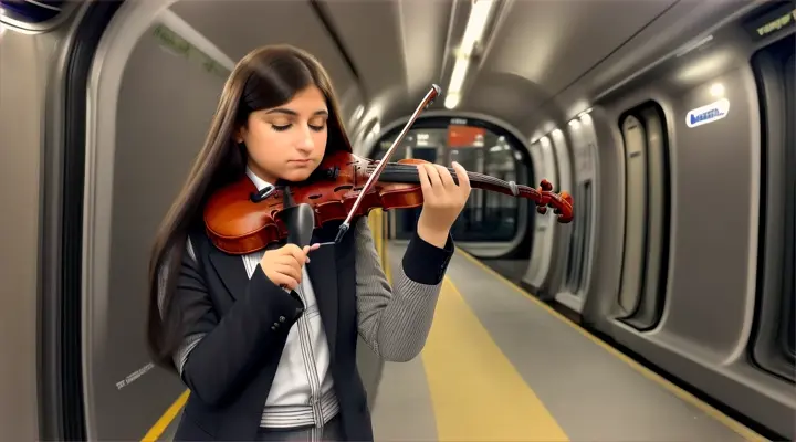 Inquadratura ravvicinata di un artista di strada che suona il violino in una stazione della metropolitana, con i passanti che si fermano ad ascoltare.