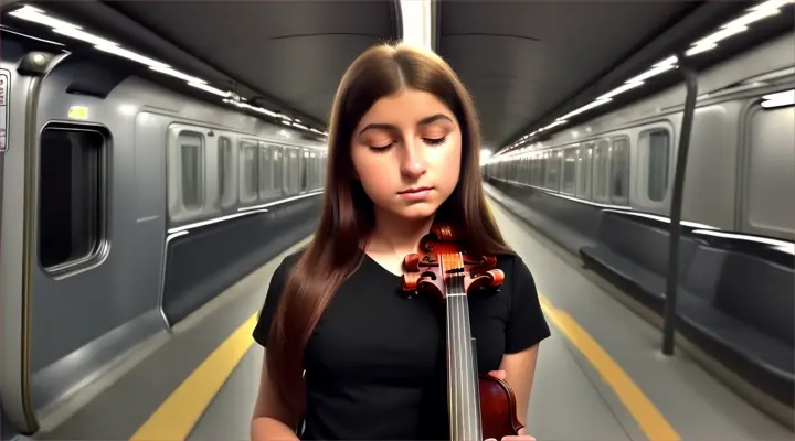 Inquadratura ravvicinata di un artista di strada che suona il violino in una stazione della metropolitana, con i passanti che si fermano ad ascoltare.