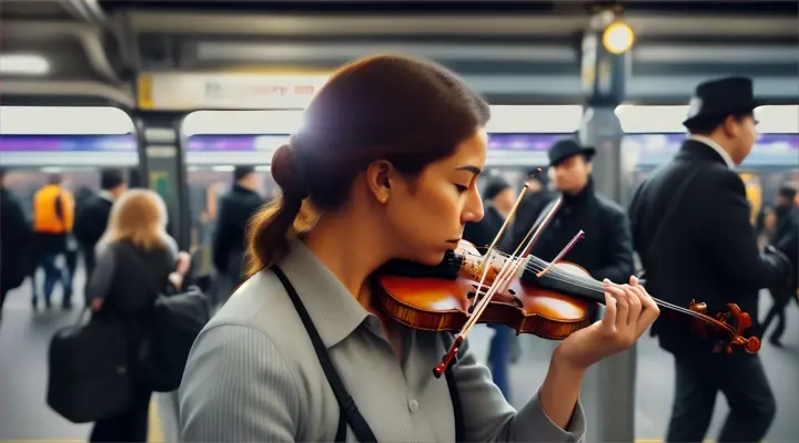 Inquadratura ravvicinata di un artista di strada che suona il violino in una stazione della met ascoltare.