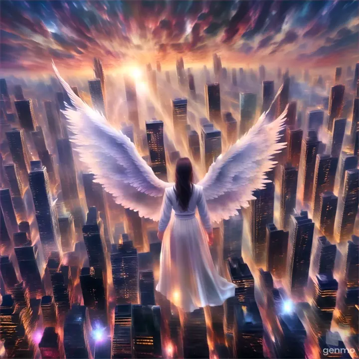 an angel standing in front of a city skyline