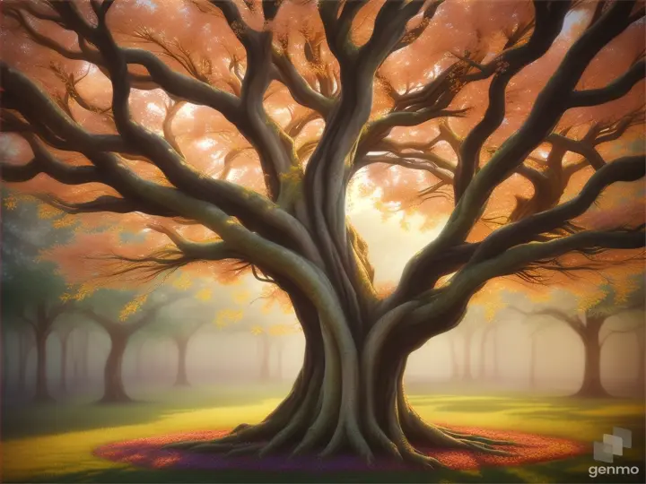 Enchanted tree in a whimsical garden, with branches moving like arms in different positions