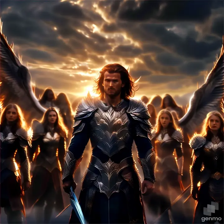 a man in armor standing in front of a group of angels