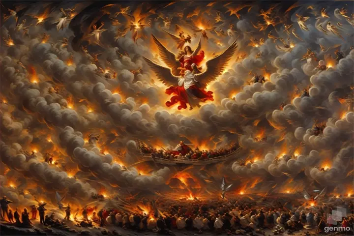 a painting of a large group of people surrounded by fire