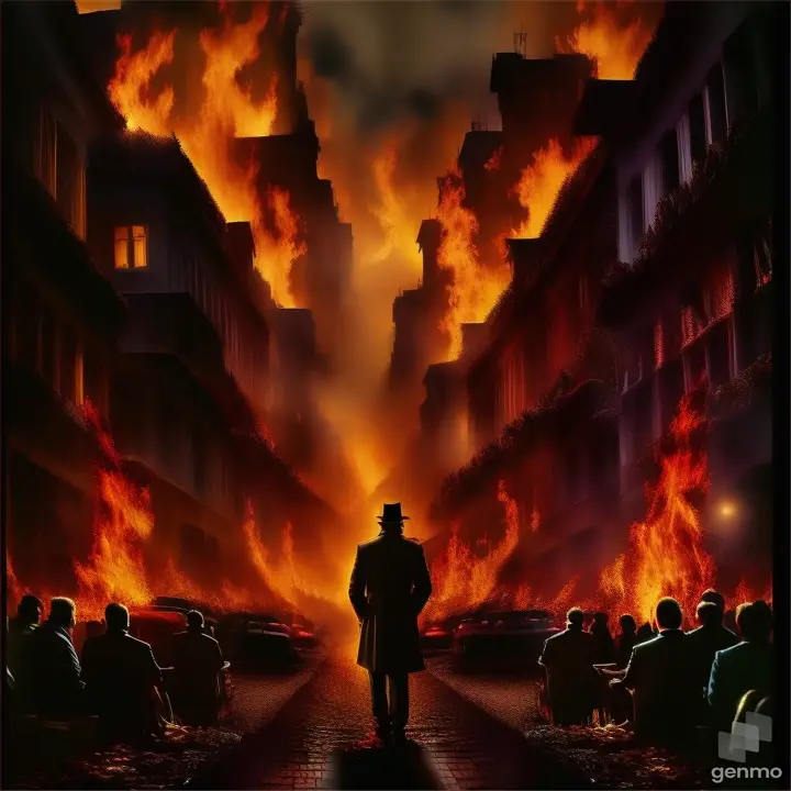 a man standing in front of a fire filled street