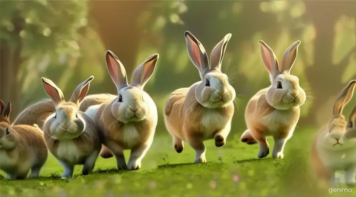 three rabbits running in a field of grass