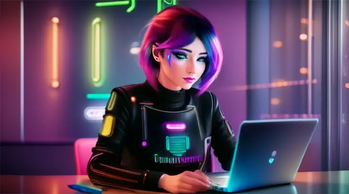 a woman with cyber parts, rainbow hair, working on a laptop, in a cafe, sitting on a comfy chair, window shows outside world, futuristic view, retro punk style,