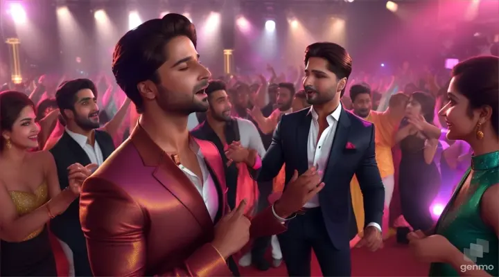 realism / 4k high definition / cinematic / actor Shahid Kapoor singing happy song and dancing at beautiful club party and people are dancing enjoyable with lights 