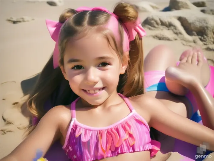 Little girl, age 6 years old, 6 yo, pigtails, beach, pink beach wear bikini, pink toenails, happy, legs, bare feet, lay down, wide, legs  high up, close up body