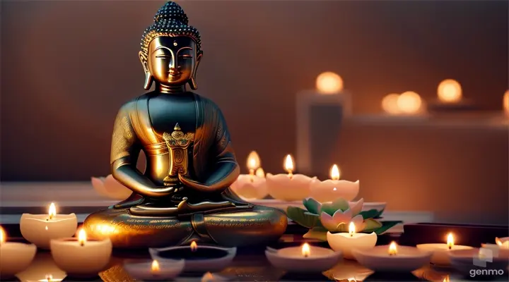 Buddha statue in meditation surrounded by lotus flowers and candlelight. Zen and harmony concept. 16:9