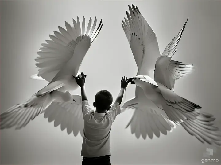 A boy reaching out to touch paper birds suspended around him, in a minimalist, monochrome setting