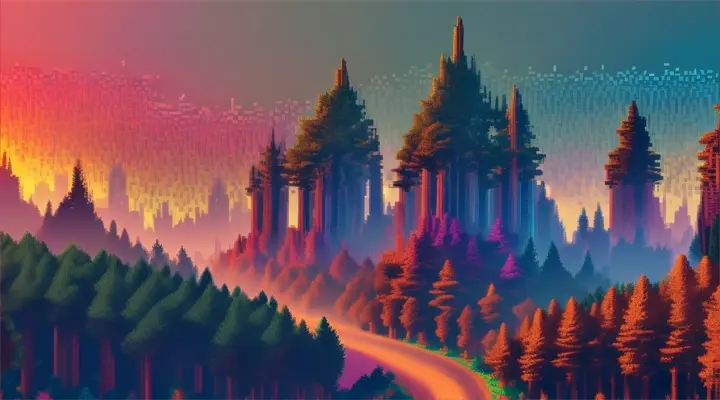 Intricate pixel art of forest trees morphing into a city skyline, with colorful, geometric patterns