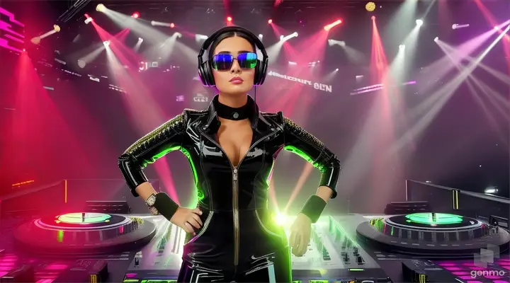 A female DJ in sunglasses, sparkling headphones and a latex jumpsuit with a large neckline, plays techno music, dances and sings a lot of people in the club. Laser beams of bright colors on the background of large television screens. 