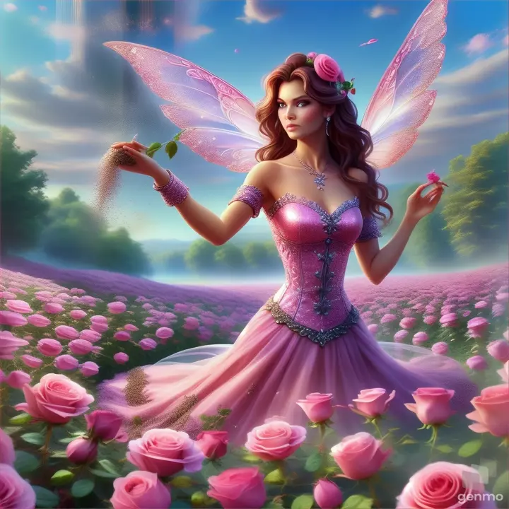 a beautiful fairy  sprinkling black pepper in a field of pink roses