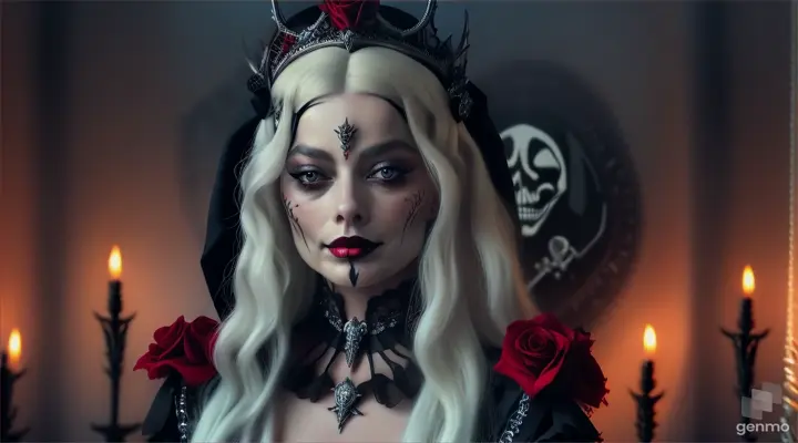 The beautiful and terrible Queen death (Margot Robbie, long flowing white hair, white skin, a crown of silver (with skulls and intertwined red and black roses), Gothic makeup, her eyes are red like roses, part of her face is skeletonized and skinless, her body is tattooed with roses and skulls in variations, on she wears a black and red brocade dress with elements of thorns, skulls and roses), she walks in an otherworldly ghostly mist, through a garden of dead black, blue and red roses.