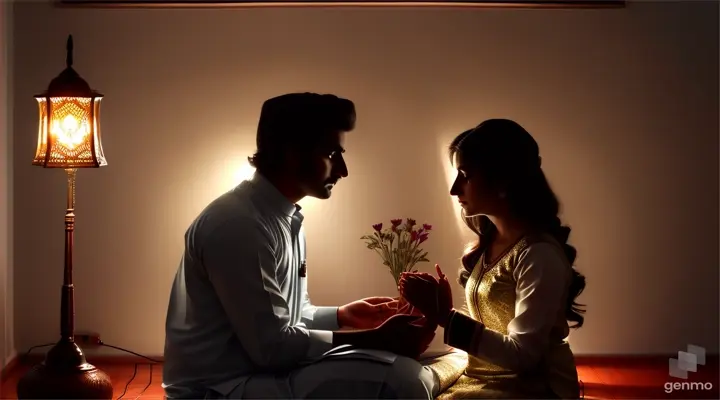 Craft a scene reflecting the emotional depth of the lyrics within the context of a Pakistani couple's story. As the lyrics mention staying awake all night in search of solace, show the couple sitting together, their silhouettes illuminated by the soft glow of a single lamp. Incorporate subtle cultural elements in the background, such as traditional Pakistani artwork or furnishings, to establish the setting. As the scene progresses, emphasize the couple's shared sense of yearning and the absence of news about their loved one's whereabouts. Convey the profound sadness and uncertainty they experience through their gestures and interactions, allowing viewers to empathize with their emotional journey, video ratio 16:9