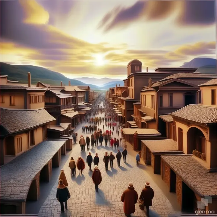 a group of people walking down a street next to tall buildings