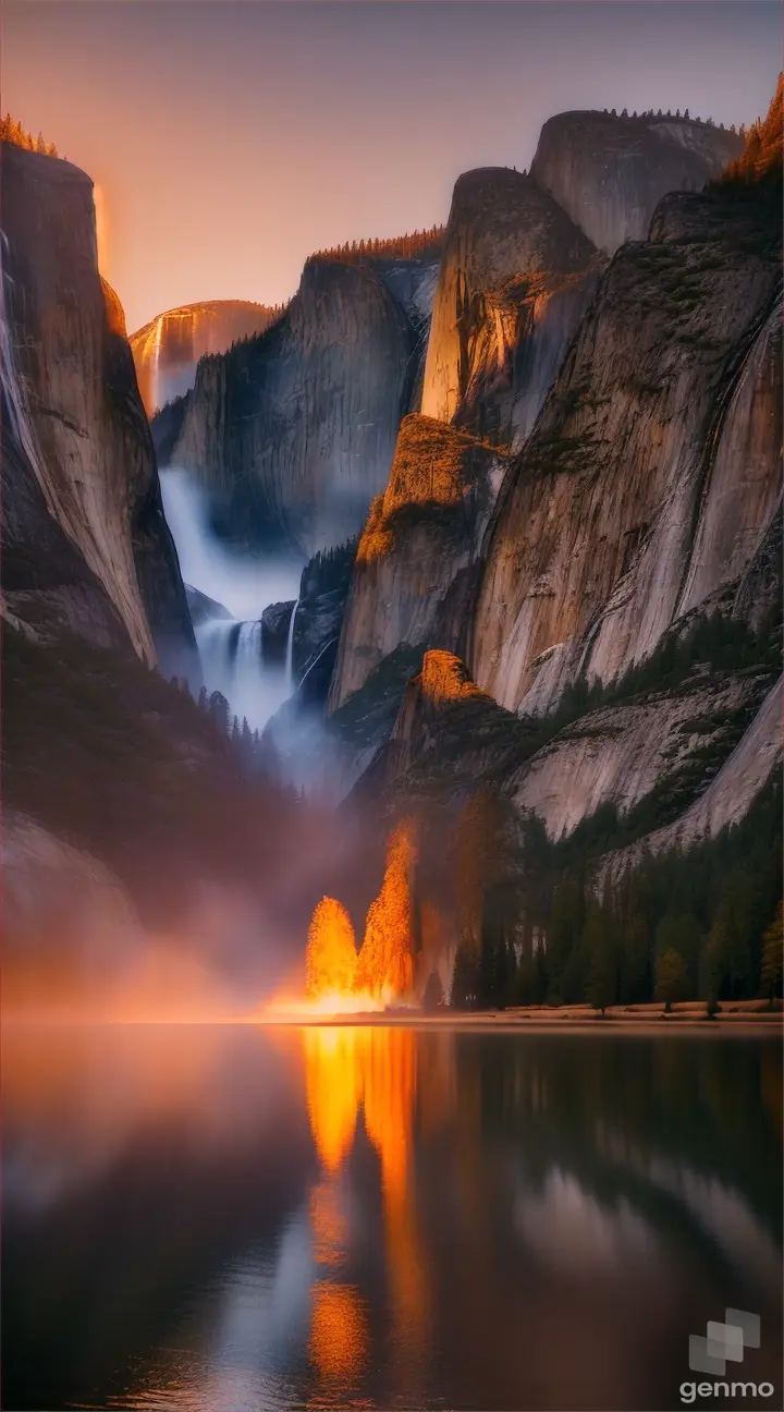 Yosemite Falls under a fiery sunset, golden light reflected in the water