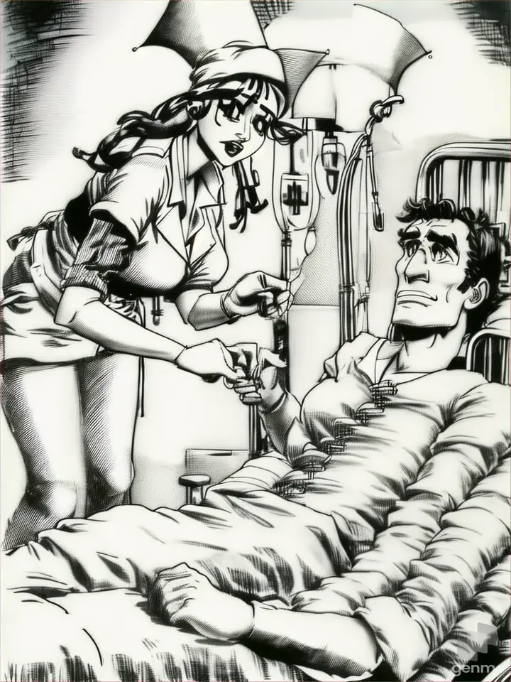 a black and white drawing of a person in a hospital bed
