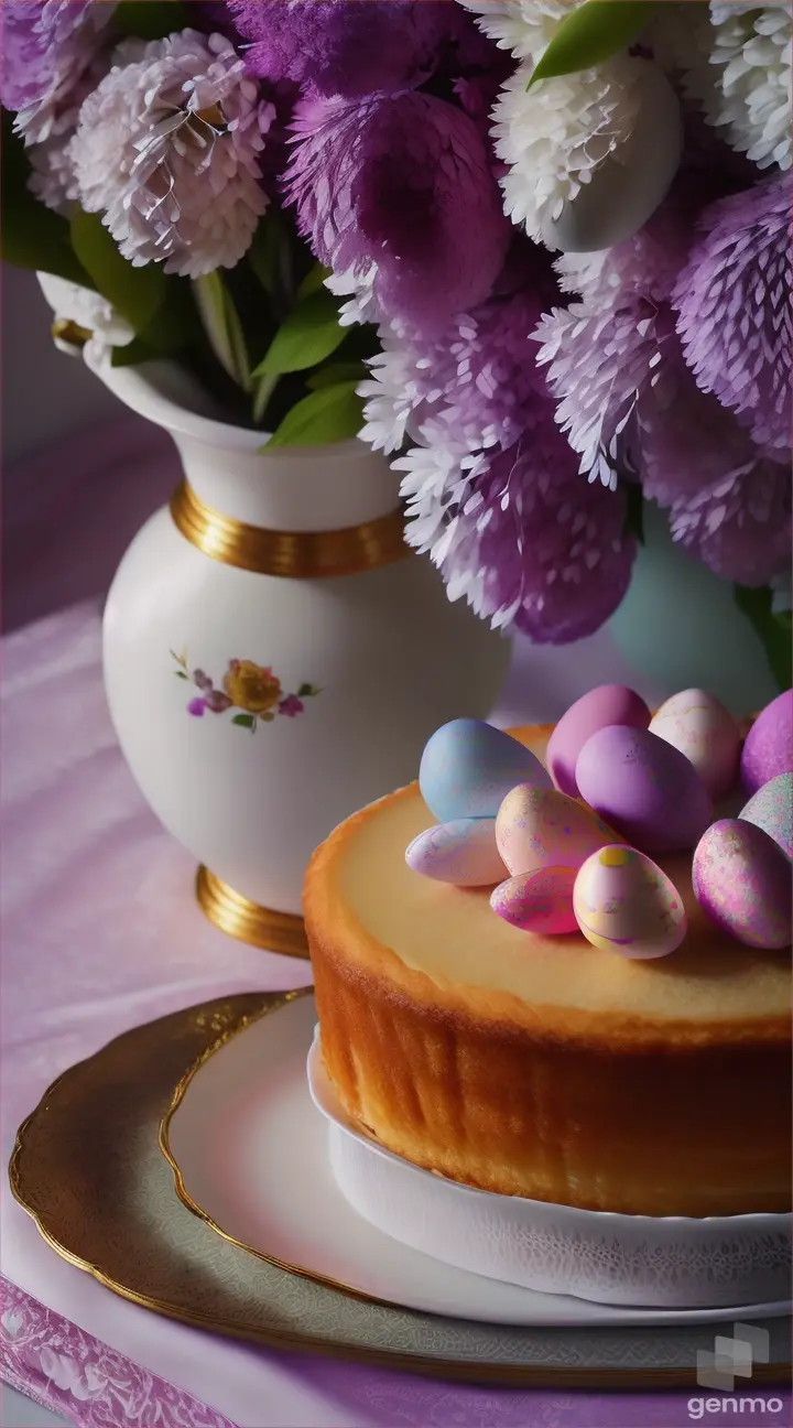 Classic Easter Russian Easter cake from life on a tray, around the Easter cake multi-colored painted eggs with patterns, next to a bouquet of lilacs in a vase, mega detailing, digital painting, velvet gouache, Khokhloma painting, HDR+, high rendering on the background of satin fabric, professional photo