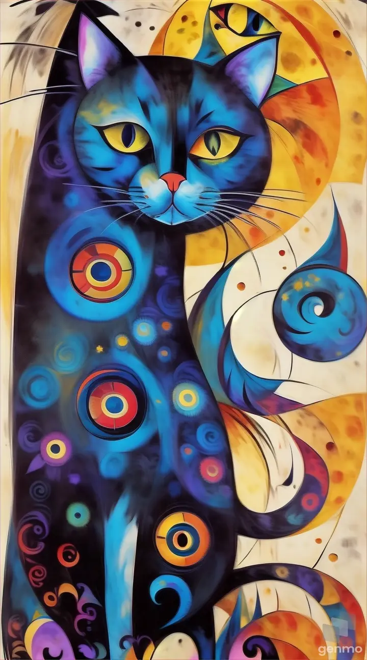 a painting of a black cat with yellow eyes