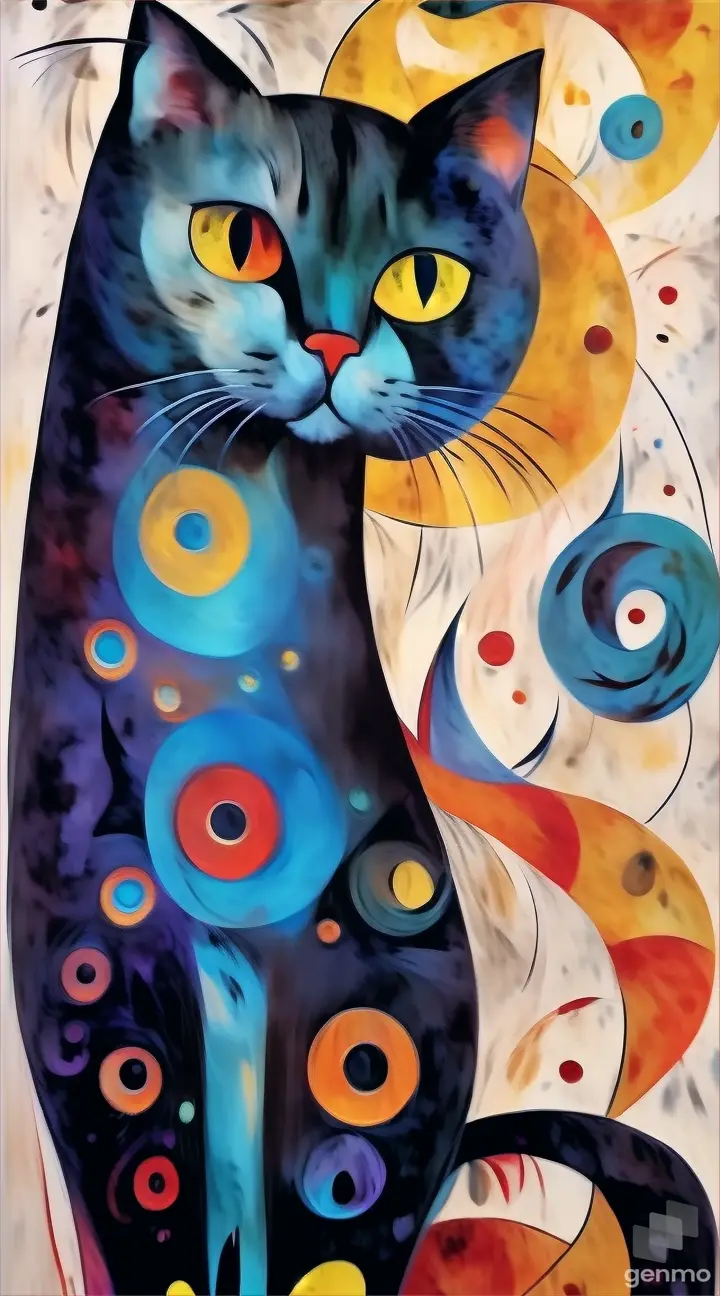 a painting of a black cat with yellow eyes