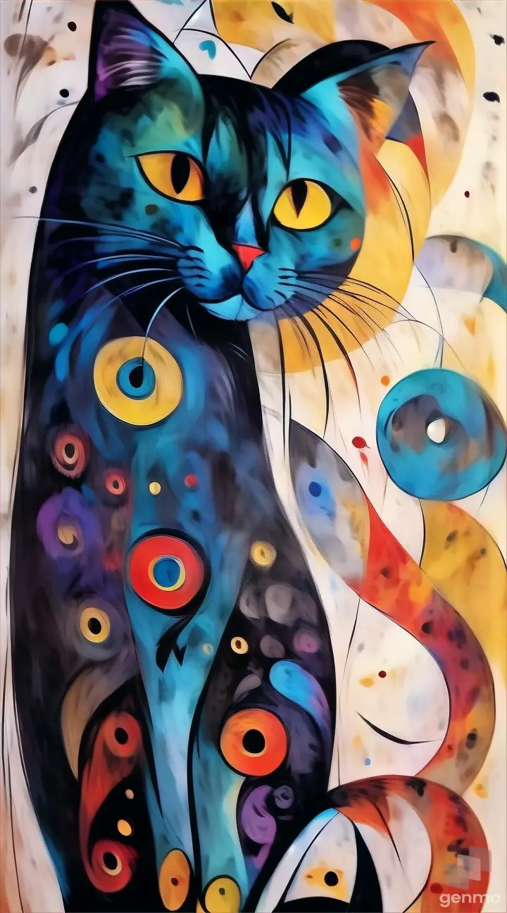 a painting of a black cat with yellow eyes