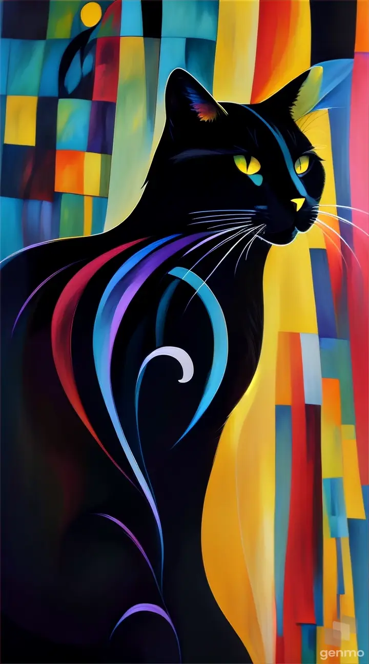 a painting of a black cat with yellow eyes