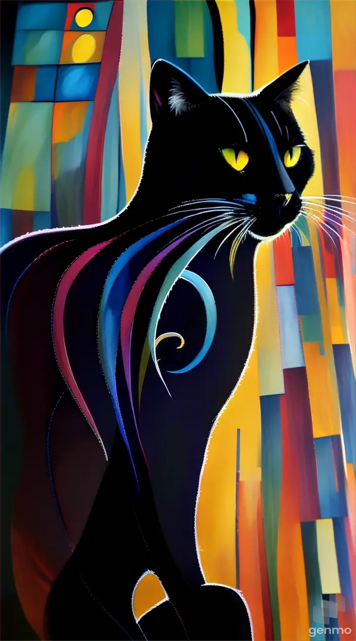 a painting of a black cat with yellow eyes