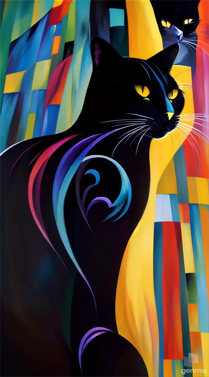 a painting of a black cat with yellow eyes