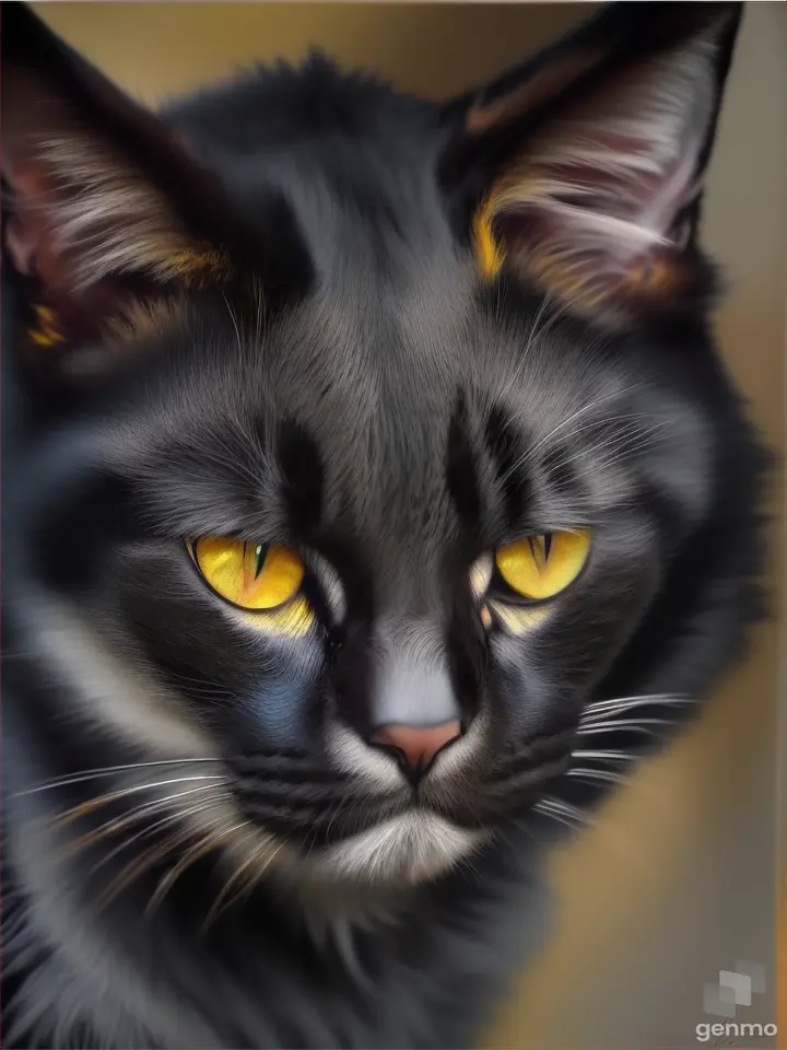 a painting of a black cat with yellow eyes