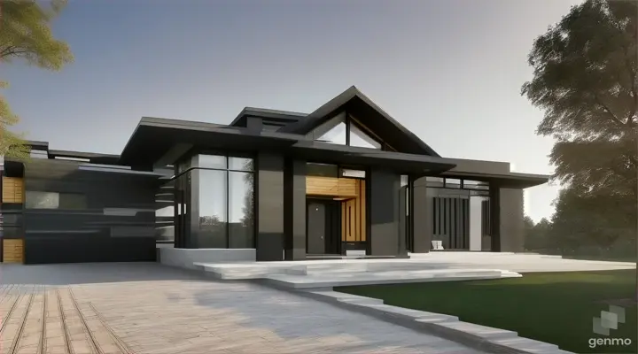 Realistic luxury platform house, made of granite, black, abstract wood color and metallic gray color, has front space and facade on the outside with a harmonious appearance on the inside. It consists of bedrooms, living room, bathroom, kitchen and dining hall. It is made of elegant wood. It has an elegant and modern design. It is distinguished by its attractive design. Stained glass windows with aluminum. The second floor contains a swimming pool. A small swimming pool that matches the overall look. Realistic daytime scene