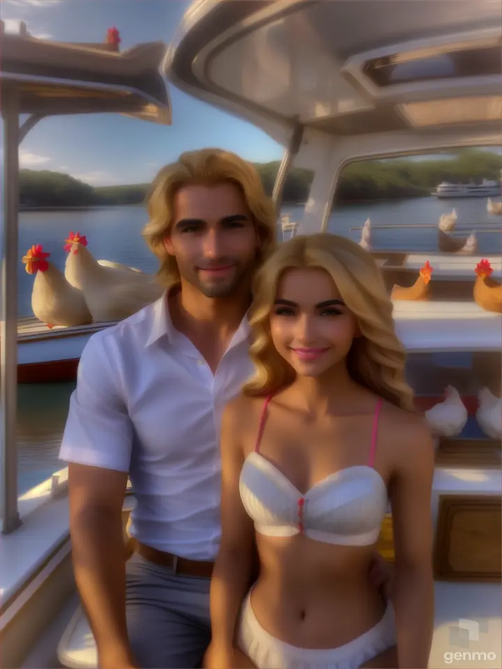 a man and a blonde woman on a boat holding chickens