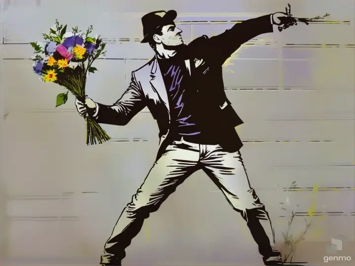 a stencil of a man holding a bouquet of flowers