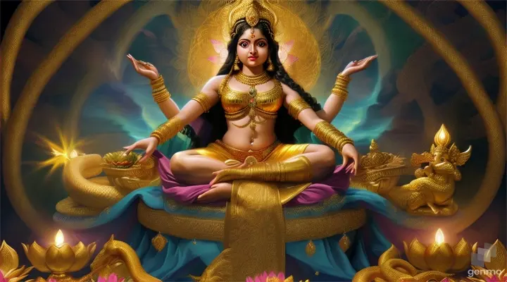 Maa Lakshmi Narayan sitting on a golden snake amidst a heavenly waterfall