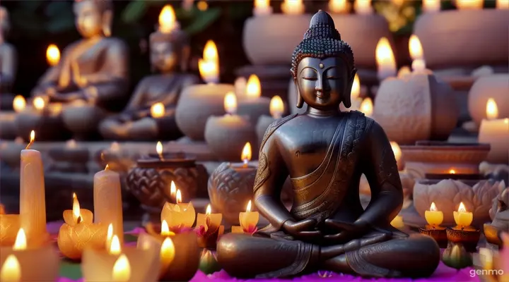 Buddha statues with lit candles and lotus flowers on festive bokeh background. Spiritual meditation and zen concept 16:9