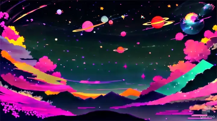 a painting of a space scene with planets and stars 