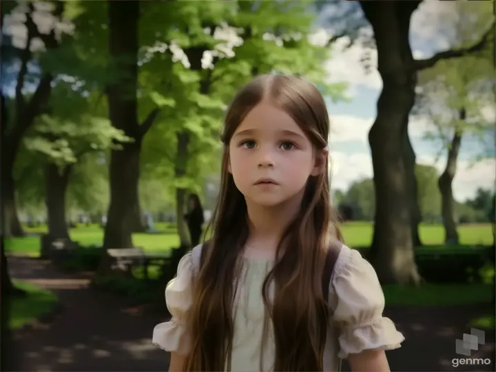 a young girl with long hair standing in a park