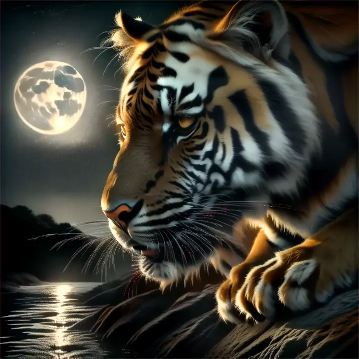 a tiger staring at the moon over a body of water