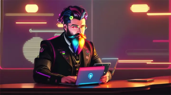 a man with cyber parts, has a full beard, rainbow hair, reading on a futuristic laptop, in a cafe, sitting on a comfy chair, window shows outside world, futuristic view, retro punk style,