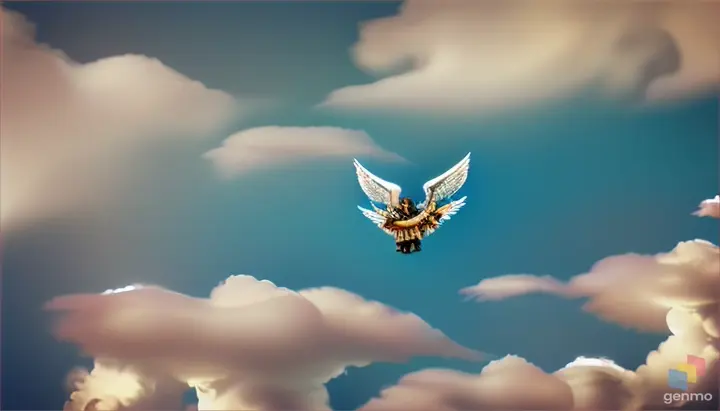 Angels float serenely on gentle winds between billowing clouds. Their wings are illuminated in soft light as they gaze into the distance.
