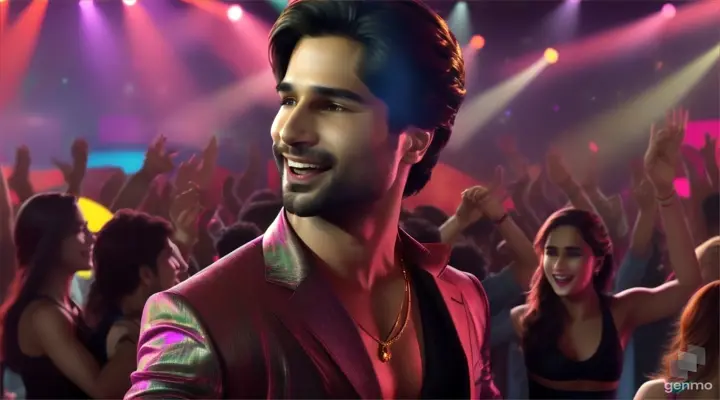 realism / 4k high definition / cinematic / actor Shahid Kapoor singing happy song and dancing at beautiful club party and people are dancing enjoyable with lights