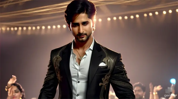 realism / 4k high definition / cinematic / actor Shahid Kapoor singing happy song and dancing dressed black jacket and white skinny at beautiful club party and people are dancing enjoyable with lights