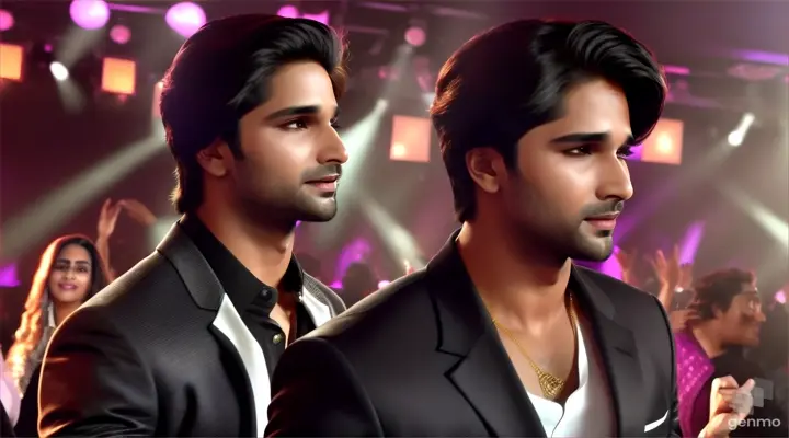 realism / 4k high definition / cinematic / actor Shahid Kapoor singing happy song and dancing dressed black jacket and white skinny at beautiful club party and people are dancing enjoyable with lights 