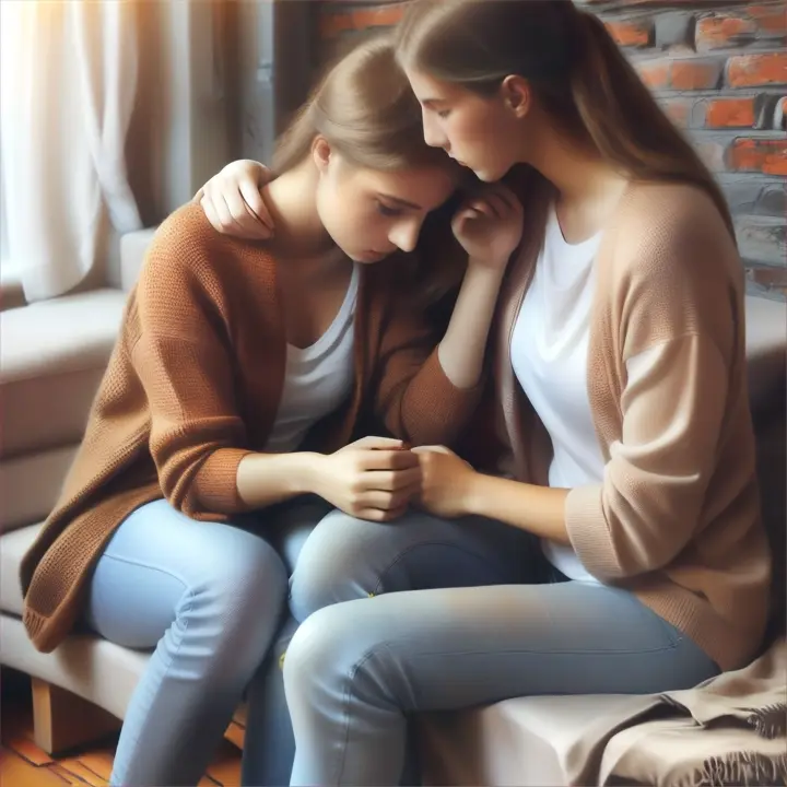 A touching moment in which one of the two girl friends comforts the other during a difficult moment, demonstrating the strength of the bond between them.