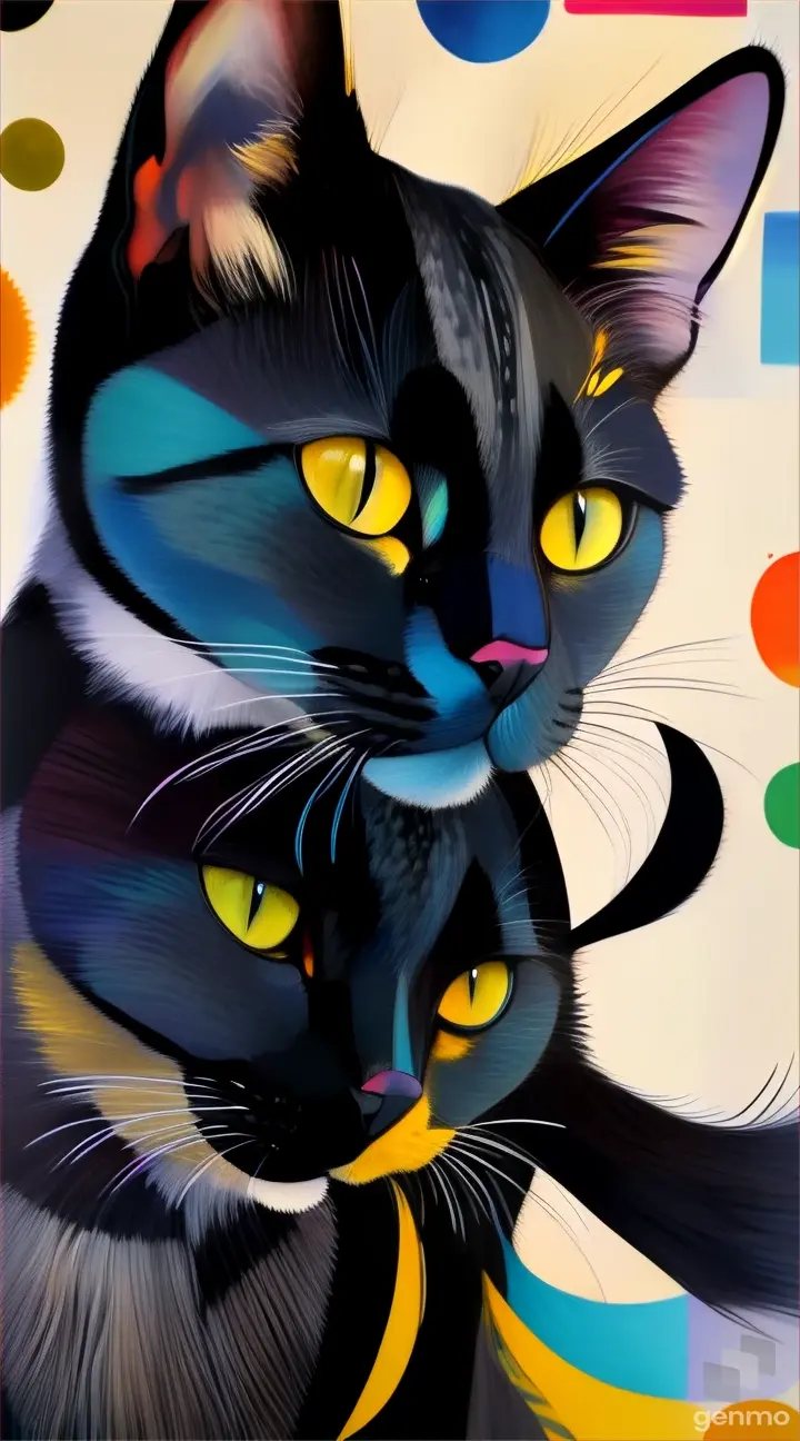a painting of a black cat with yellow eyes